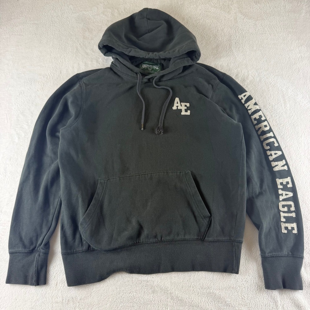 American Eagle Hoodie Pullover Vintage Mens Small Black Sleeve Logo Sweatshirt